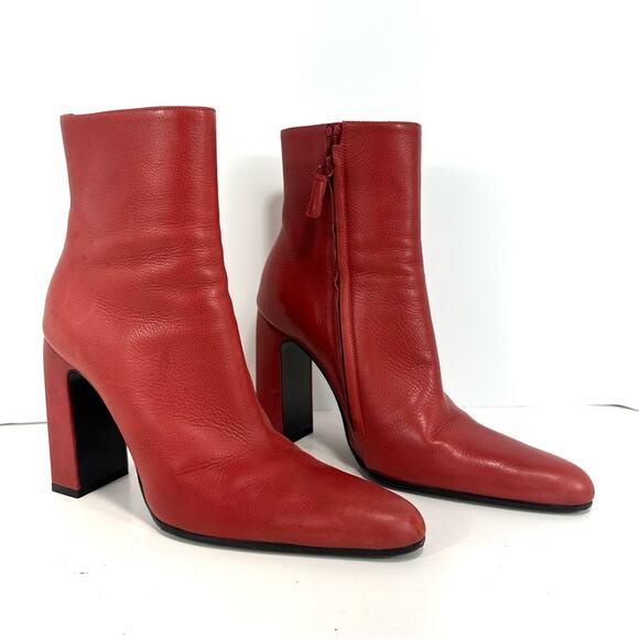 Balenciaga Red Leather Almond Pointy Toe Block Heel Ankle Boots EU 37 US 7 - Picture 1 of 15